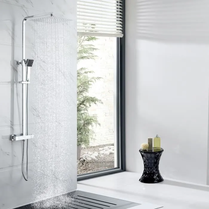 Oceanic Columna de Ducha Mezclador Termostático - Cabezal Cuadrado 30x30 cm Extraplano - Altura Regulable - Ducha de Mano - Cromo