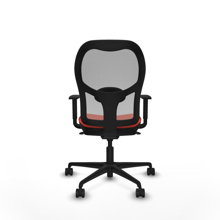 Silla de oficina Jorquera con mecanismo Sincro tapizada con Tela color Naranja oscuro y malla color Gris. Equipada con lumbar 1D, Brazos 1D y Ruedas 65mm nailon