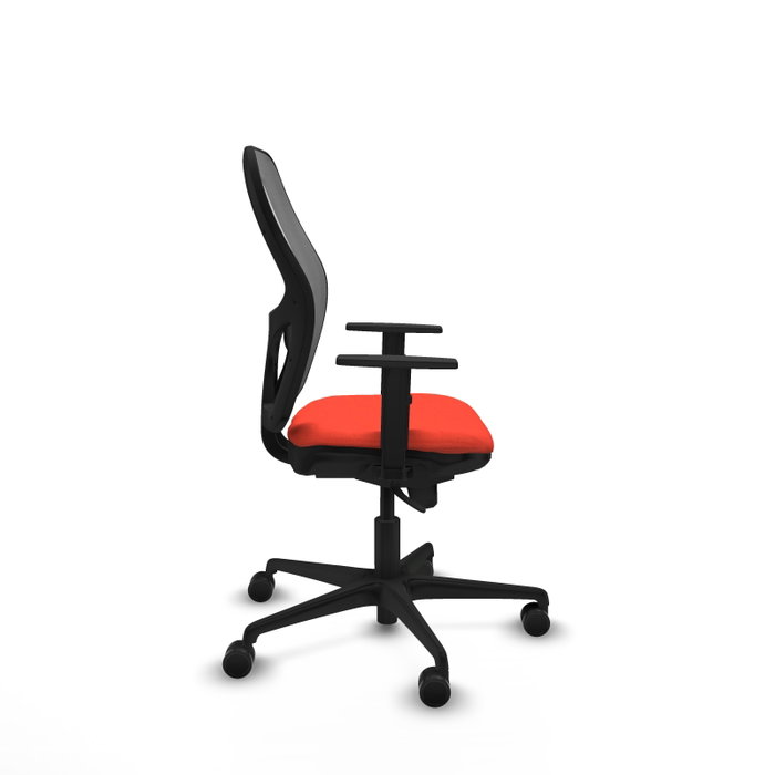Silla de oficina Jorquera con mecanismo Sincro tapizada con Tela color Naranja oscuro y malla color Gris. Equipada con lumbar 1D, Brazos 1D y Ruedas 65mm nailon