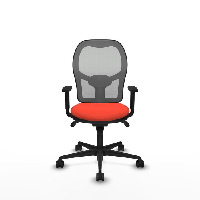 Silla de oficina Jorquera con mecanismo Sincro tapizada con Tela color Naranja oscuro y malla color Gris. Equipada con lumbar 1D, Brazos 1D y Ruedas 65mm nailon
