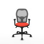Silla de oficina Jorquera con mecanismo Sincro tapizada con Tela color Naranja oscuro y malla color Gris. Equipada con lumbar 1D, Brazos 1D y Ruedas 65mm nailon