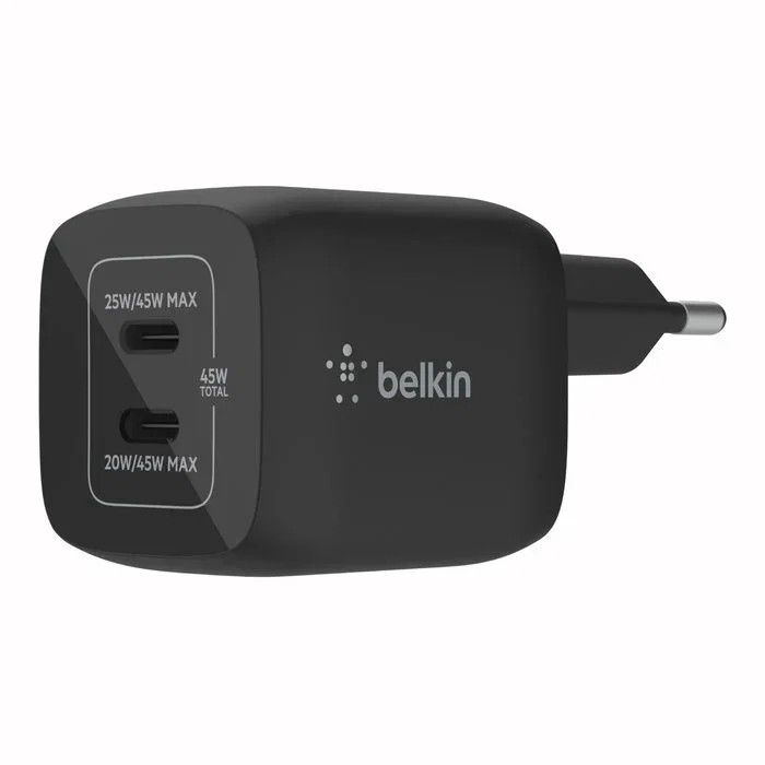 Belkin BoostCharge Pro WCH011VFBK Cargador de Pared 45W Negro, 2 Puertos USB-C con PD 3.0 y PPS, Carga Rápida Compatible con iPhone 14 y Dispositivos USB-C