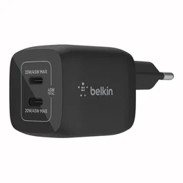 Belkin BoostCharge Pro WCH011VFBK Cargador de Pared 45W Negro, 2 Puertos USB-C con PD 3.0 y PPS, Carga Rápida Compatible con iPhone 14 y Dispositivos USB-C