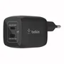 Belkin BoostCharge Pro WCH011VFBK Cargador de Pared 45W Negro, 2 Puertos USB-C con PD 3.0 y PPS, Carga Rápida Compatible con iPhone 14 y Dispositivos USB-C