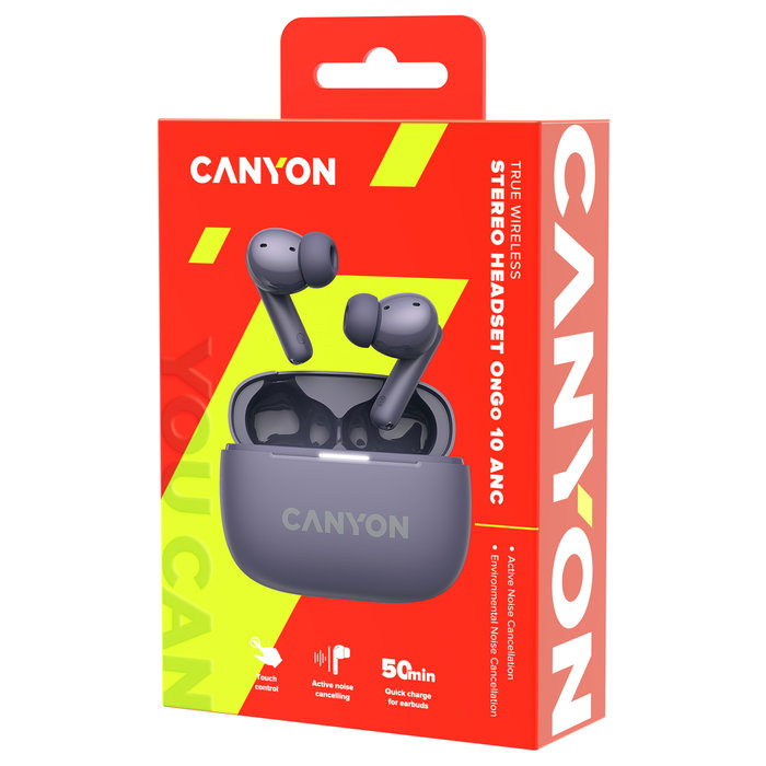 Canyon Auriculares TWS-10 OnGo True Wireless Bluetooth 5.3, Morado, Reducción de Ruido Activa, 20-20000 Hz, Con USB Tipo C, Ideal para Deporte