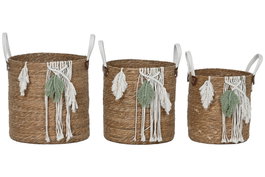 DKD Home Decor Set de 3 Cestas de Fibra y Algodón Natural 38x38x35 cm