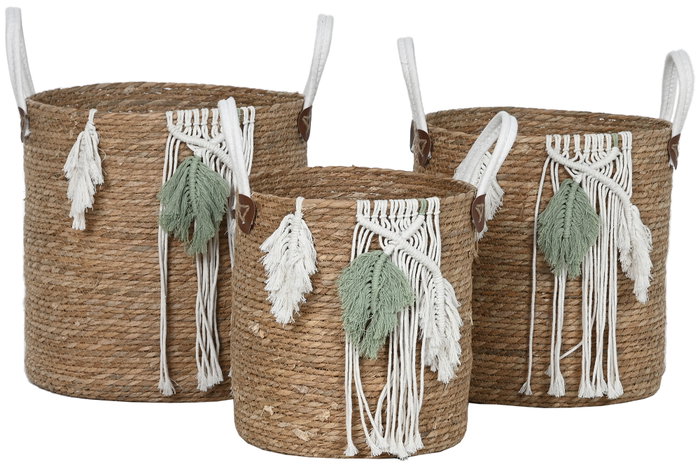 DKD Home Decor Set de 3 Cestas de Fibra y Algodón Natural 38x38x35 cm