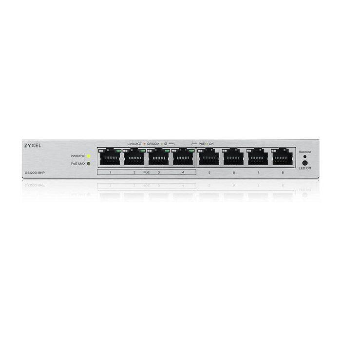 Zyxel GS1200-8HPV3 Switch de Escritorio Gestionado L2 8 Puertos Gigabit con 4 PoE+ y 68W, Web Managed, 16Gbps, Sin Ventilador