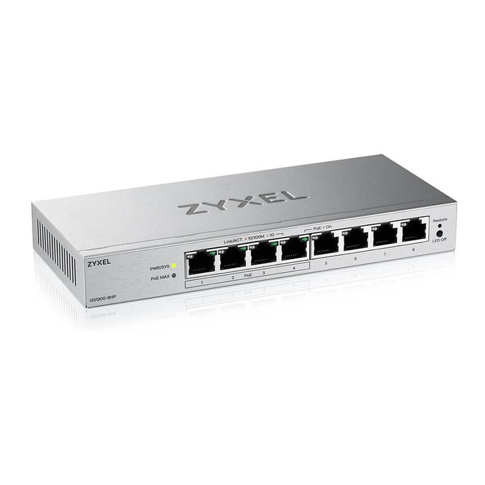 Zyxel GS1200-8HPV3 Switch de Escritorio Gestionado L2 8 Puertos Gigabit con 4 PoE+ y 68W, Web Managed, 16Gbps, Sin Ventilador