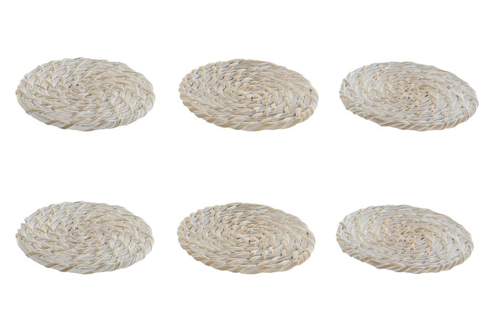 DKD Home Decor Set de 6 Posavasos de Bambú y Ratán Blanco y Natural 12x12x6 cm DKD Home Decor Set de 6 Posavasos de Bambú y Ratán Blanco y Natural 12x12x6 cm