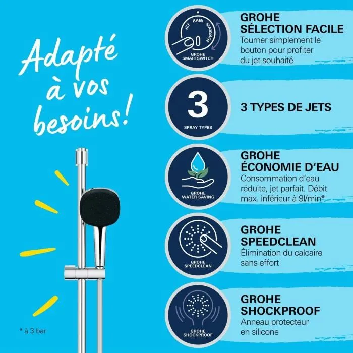 Grohe Set de ducha Vitalio Comfort 110 26096001 con rociador de 3 chorros, barra y flexo - Fácil selección - Ahorro de agua