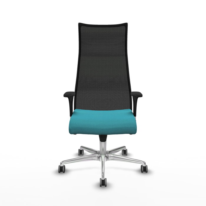 Sillón Albacete con mecanismo Sincro tapizada con Tela color Turquesa y malla color Negro. Equipado con Base aluminio, Brazos 1D y Ruedas 65 mm parqué