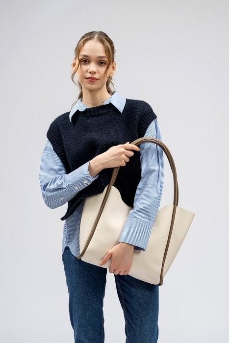 Lucky Bees 1264 Bolso Tote Crema Polipiel Elegante y Duradero para Mujer, Amplio Interior con Bolsillo y Correa Larga 30cm Caída