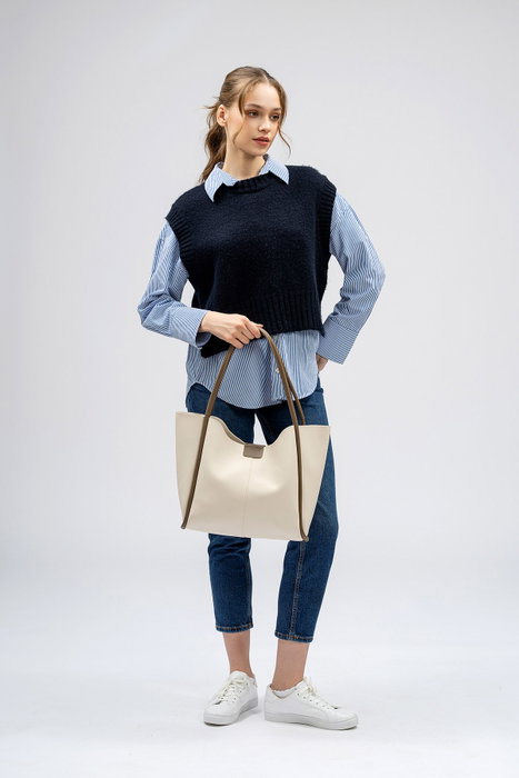 Lucky Bees 1264 Bolso Tote Crema Polipiel Elegante y Duradero para Mujer, Amplio Interior con Bolsillo y Correa Larga 30cm Caída