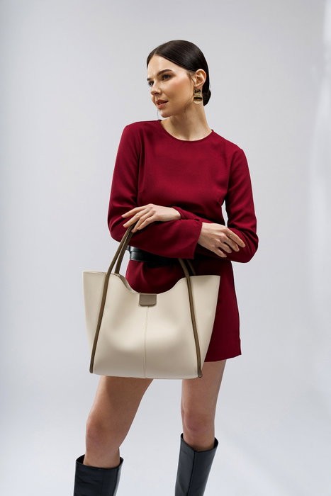 Lucky Bees 1264 Bolso Tote Crema Polipiel Elegante y Duradero para Mujer, Amplio Interior con Bolsillo y Correa Larga 30cm Caída