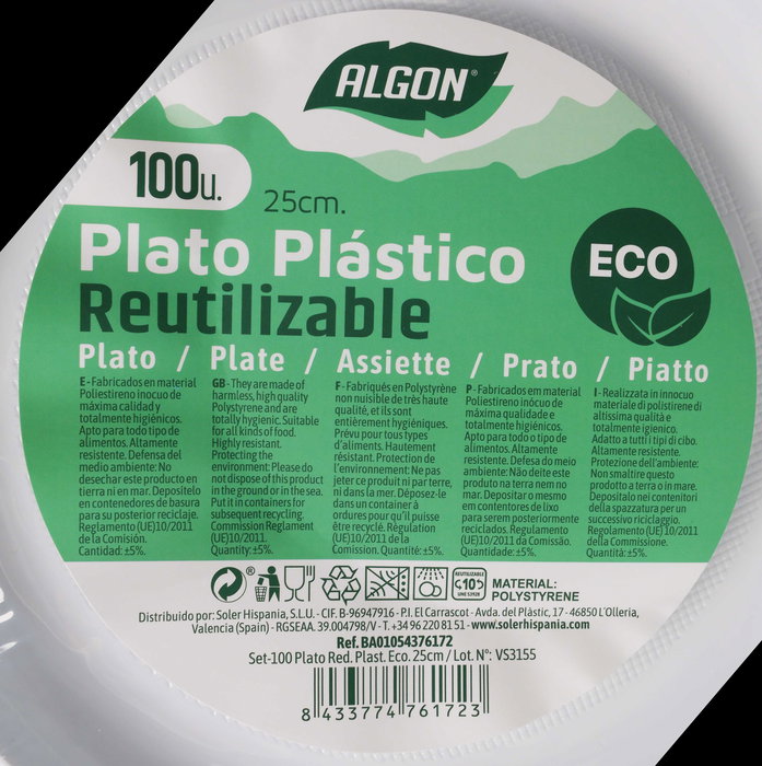 Algon Set de 100 Platos Redondos Ecológicos de Plástico, 25 cm, Plato de Un Solo Uso, Plato Desechable, Plato de Picnic (6 Unidades)