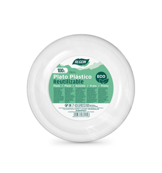 Algon Set de 100 Platos Redondos Ecológicos de Plástico, 25 cm, Plato de Un Solo Uso, Plato Desechable, Plato de Picnic (6 Unidades)