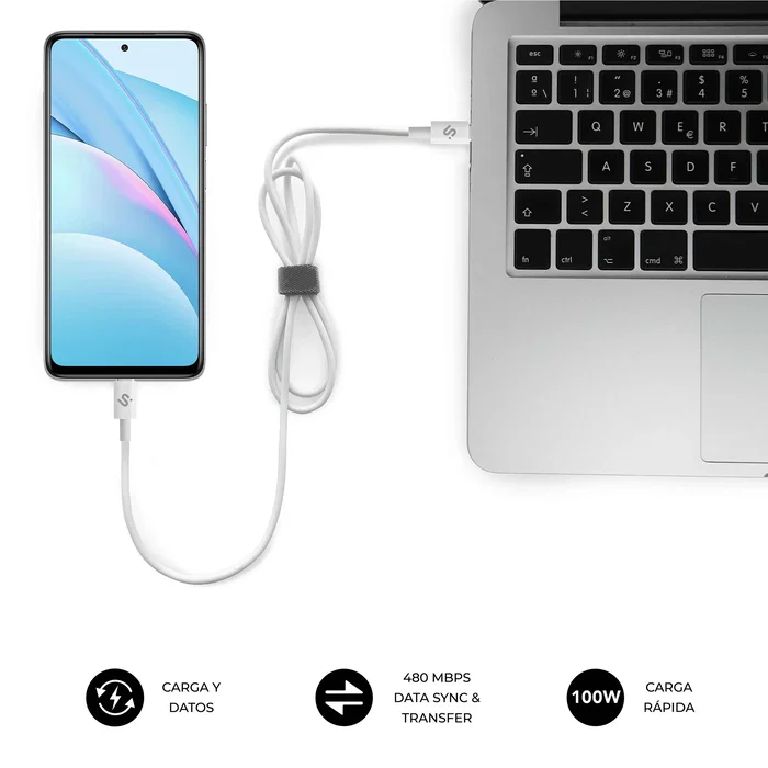 Subblim SUBBLIM PLUS Cable USB-C 100W 2 Metros Blanco PD 3.0 & QC 3.0 480 Mbps E-Marker Carga Rápida para iPhone 15 Samsung MacBook iPad Pro