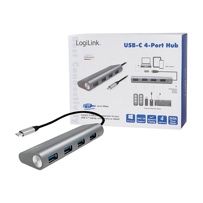 LogiLink Hub USB 3.2 Gen1 con 4 puertos, USB-C, aluminio, gris LogiLink Hub USB 3.2 Gen1 con 4 puertos, USB-C, aluminio, gris