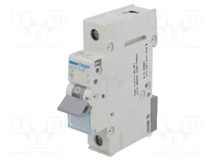 HAGER MCN104E Interruptor magnetotérmico 4A 1 Polo 6kA HAGER MCN104E Interruptor magnetotérmico 4A 1 Polo 6kA