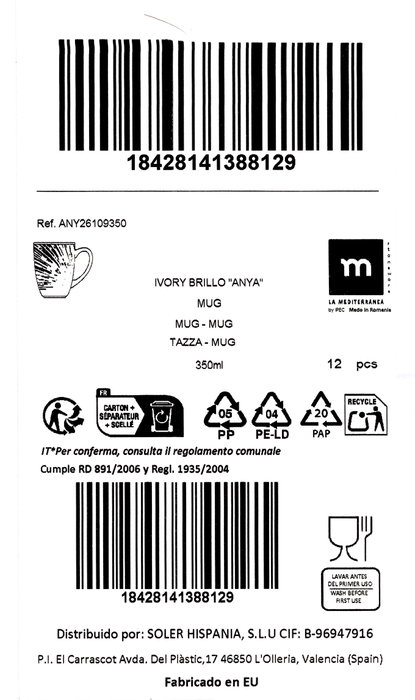 La Mediterranea Taza de café ANYA 350cl, Pack de 12 unidades