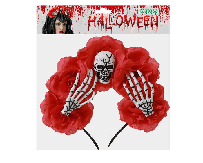 Atosa Diadema para Disfraz de Catrina con Flores Rojas y Calavera