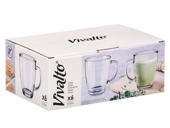 Vivalto Taza de Vidrio para Desayuno con Asa, Transparente, 370 ml, 12x10.5x9 cm (Set de 24)