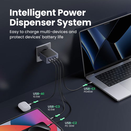 UGREEN Cargador Nexode S 100W 4 Puertos GaN Rápido Gris 35043 para Portátil, Teléfono Móvil, Tabletas