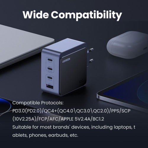 UGREEN Cargador Nexode S 100W 4 Puertos GaN Rápido Gris 35043 para Portátil, Teléfono Móvil, Tabletas