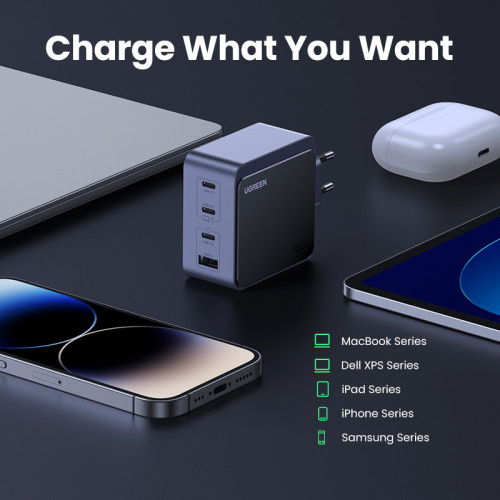 UGREEN Cargador Nexode S 100W 4 Puertos GaN Rápido Gris 35043 para Portátil, Teléfono Móvil, Tabletas