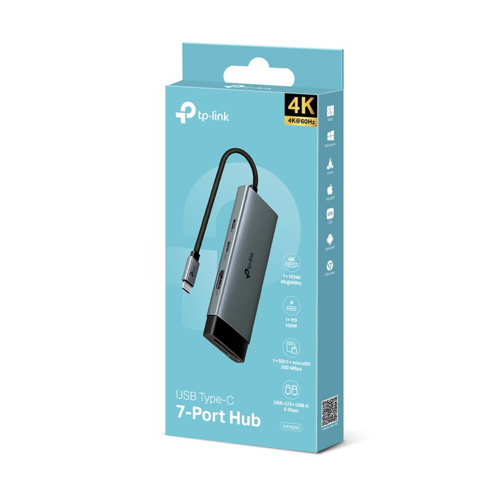 TP-Link UH7020C Hub USB-C 7 en 1 con HDMI 4K@60Hz, PD 100W, 2x USB 3.0, Lector SD/microSD, para Portátil Mac Windows iPad Plug & Play