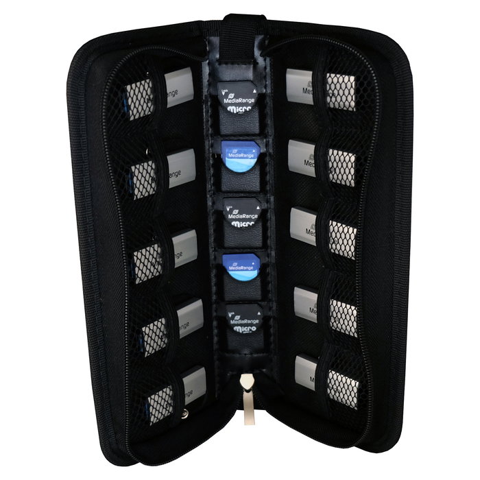 MEDIARANGE BOX99 Carcasa Portátil para Tarjetas SD y USB, Para 5 Tarjetas SD/SDHC/SDXC y 10 Pendrives USB, Nylon Negro, Resistente a Golpes y Suciedad, 256 x 110 x 49 mm
