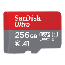 SanDisk Tarjeta de memoria SanDisk Ultra microSDXC 256 GB con Adaptador SD, UHS-I Clase 10, Velocidad de Lectura de 100 MB/s, Rendimiento Aplicación A1, Rojo y Gris
