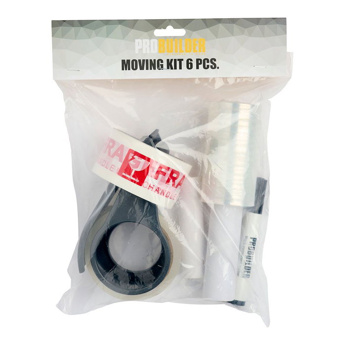 Probuilder Kit de Mudanza 6 Piezas - Rollo Film 0,1x80m, Cinta Embalar Transparente y Blanca Frágil, Aplicador, Etiquetas y Rotulador