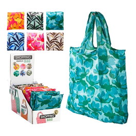 Basics Bolsa de Tela para la Compra con Diseño Flores/Hojas, Plegable, Talla L 40x60 cm, 24 Unidades en Expositor, Colores Surtidos