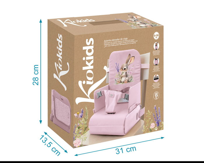 KioKids Silla de Viaje Plegable y Compacta con Bolsillos, Trona Portátil para Bebé - Rosa con Dibujo de Conejo, para 6 a 36 Meses
