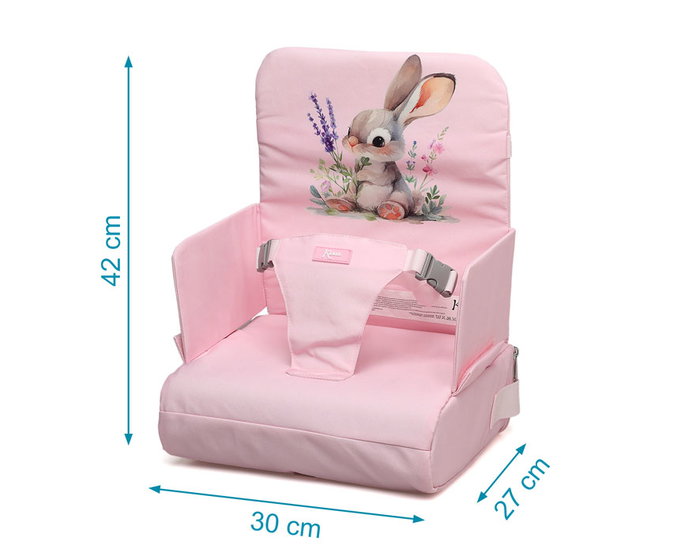 KioKids Silla de Viaje Plegable y Compacta con Bolsillos, Trona Portátil para Bebé - Rosa con Dibujo de Conejo, para 6 a 36 Meses