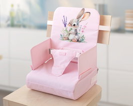 KioKids Silla de Viaje Plegable y Compacta con Bolsillos, Trona Portátil para Bebé - Rosa con Dibujo de Conejo, para 6 a 36 Meses