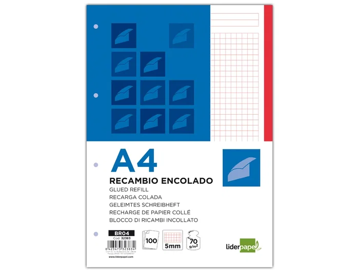 Liderpapel Bloc encolado Din A4 Cuadrícula 5mm Rojo Natural 100 Hojas 70 g/m2