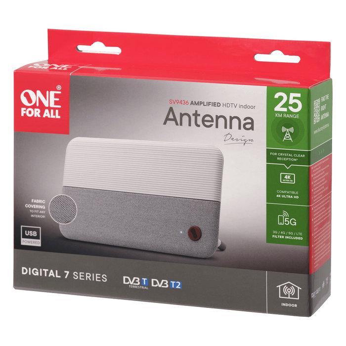 One For All Antena TDT SV9436-5G Interior Blanco 5G HD UHF DVB-T2 1080p