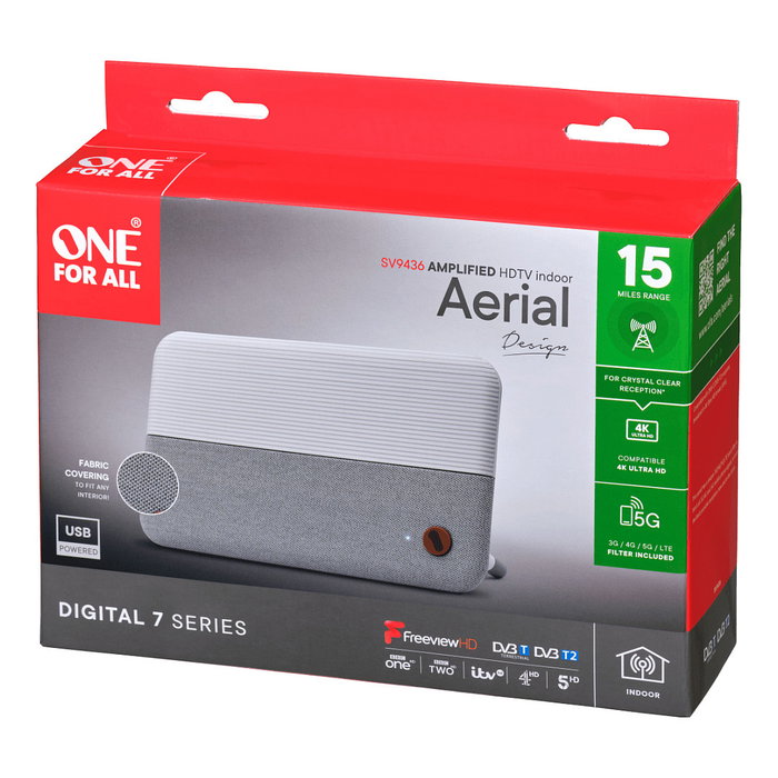 One For All Antena TDT SV9436-5G Interior Blanco 5G HD UHF DVB-T2 1080p