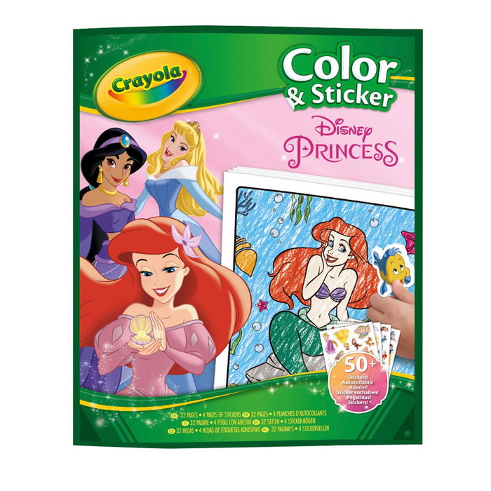 Crayola 04-0202 Libro de colorear y stickers Princesas Disney en español, 32 páginas + 4 hojas de adhesivos, recomendado para +3 años