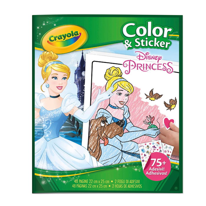 Crayola 04-0202 Libro de colorear y stickers Princesas Disney en español, 32 páginas + 4 hojas de adhesivos, recomendado para +3 años