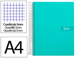 Liderpapel Cuaderno Espiral A4 Micro Crafty Tapa Forrada Turquesa 120h 90gr Cuadro 5mm 5 Bandas 4 Taladros