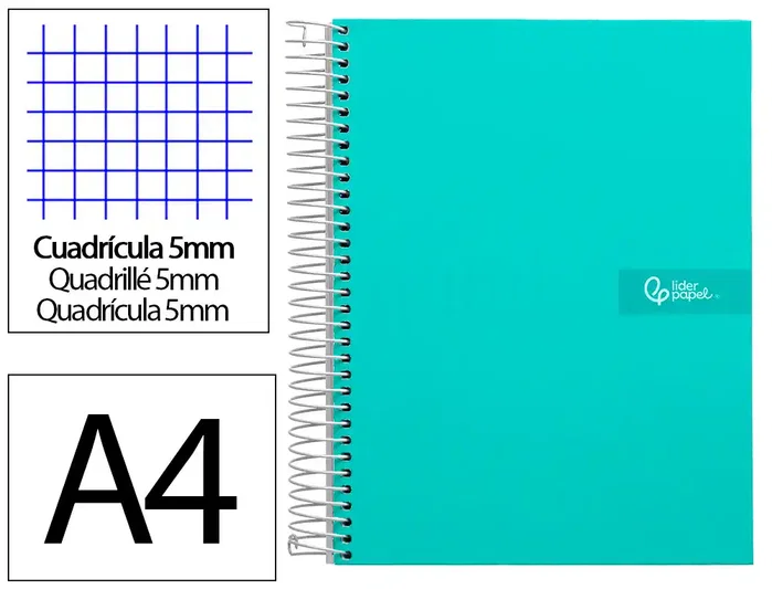 Liderpapel Cuaderno Espiral A4 Micro Crafty Tapa Forrada Turquesa 120h 90gr Cuadro 5mm 5 Bandas 4 Taladros Liderpapel Cuaderno Espiral A4 Micro Crafty Tapa Forrada Turquesa 120h 90gr Cuadro 5mm 5 Bandas 4 Taladros