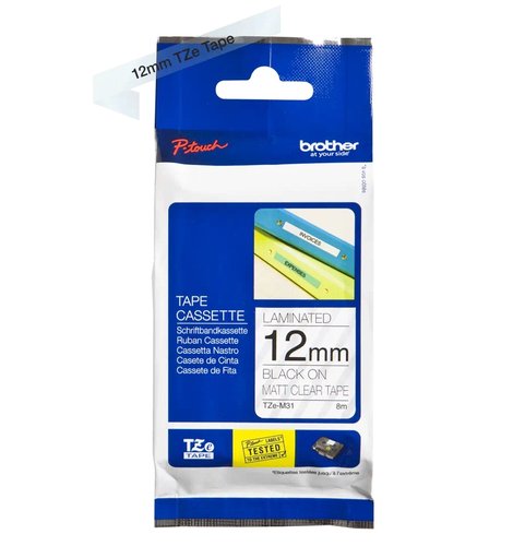 Brother TZE-M31 Cinta de rotulación laminada mate Negro sobre transparente 12 mm