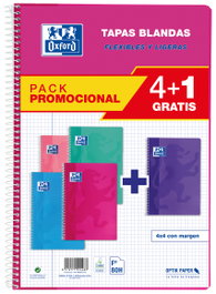 OXFORD Pack 4+1 Cuadernos Espiral Folio Cuadrícula 4x4