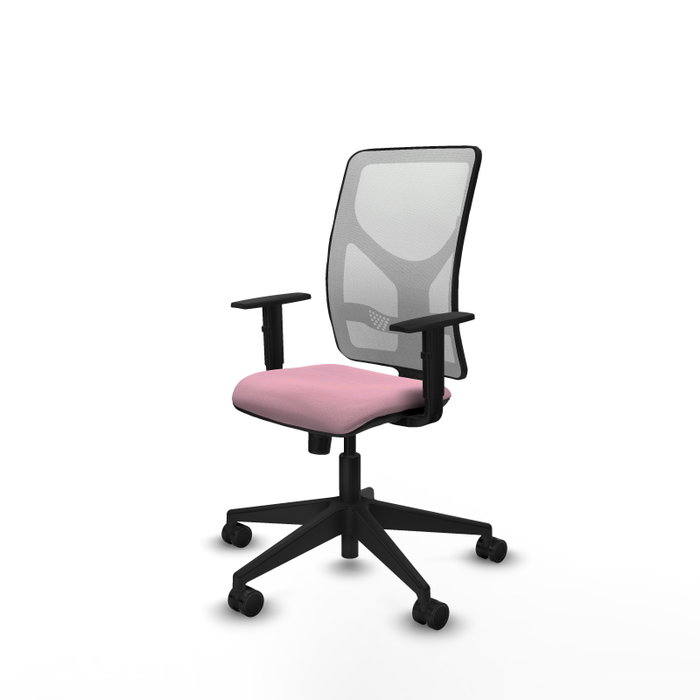 Silla de oficina Motilla con mecanismo Sincro tapizada con Tela color Rosa y malla color Blanco. Equipada con lumbar 1D, Brazos 1D y Ruedas 65mm nailon