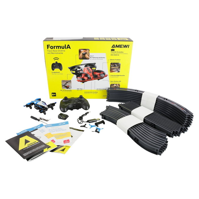 AMEWI Formula Track Race Drohne Dron de Carreras con Rennstrecke, Edad 8+, 2.4 GHz, 10 Min Vuelo, Azul