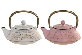 DKD Home Decor Tetera Oriental Hierro Colado Inox Rosa Blanco 400ml Set 2 Piezas 13 x 12.5 x 15 cm